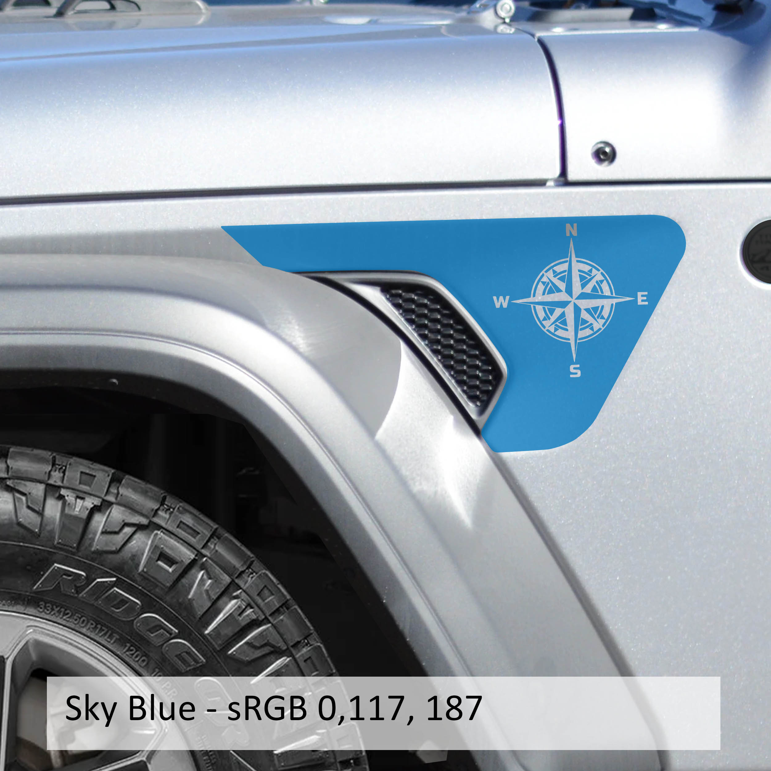 Sky blue nautical compass fender vent decal pair shown flat for Jeep Wrangler JL JLU and Gladiator JT