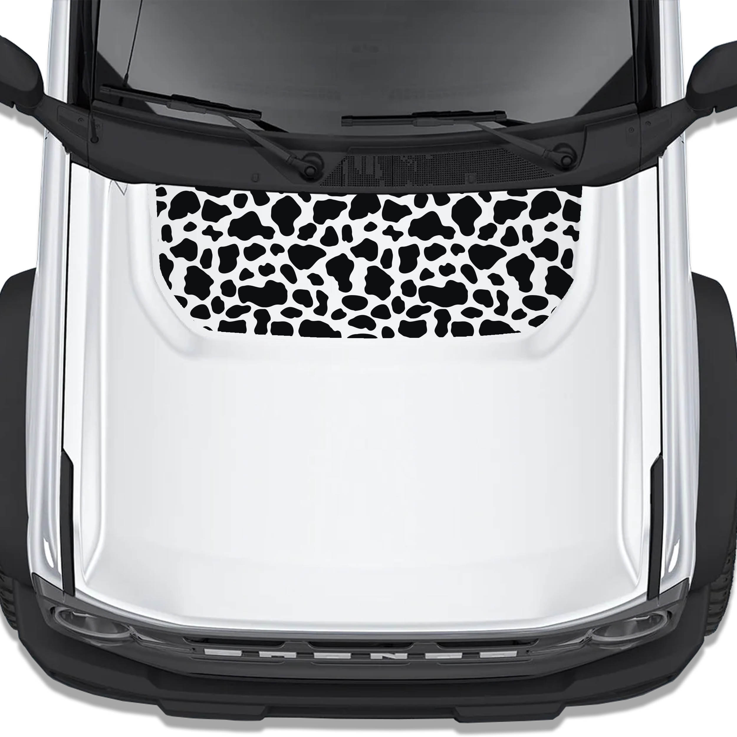Cow Print blackout hood vinyl decal shown installed on the hood of a 2021+ Ford Bronco SUV