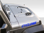 Cyclone font sample for custom text Jeep hood lettering decal shown in swirling italic black letters