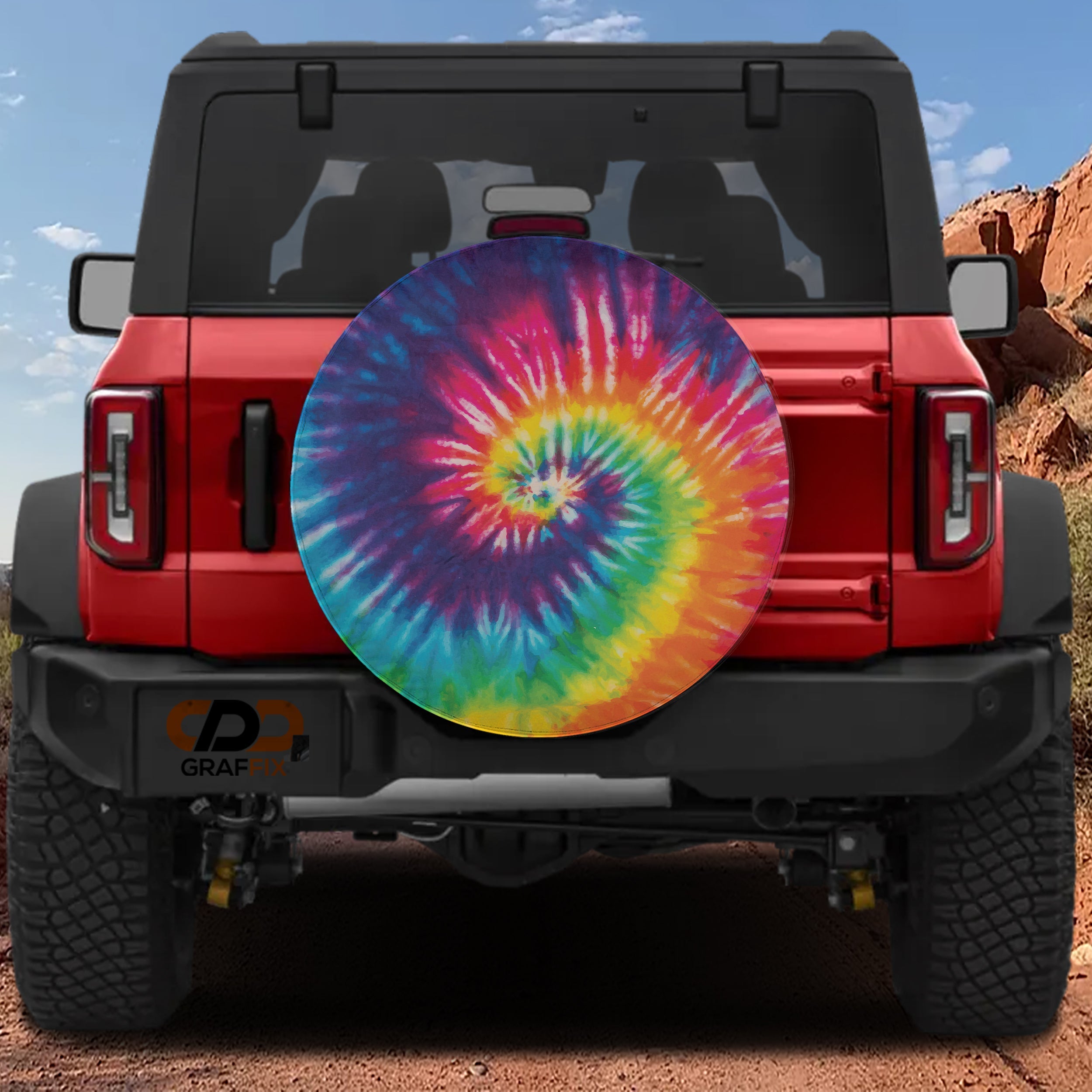 Cool tone blue pink tie-dye spiral tire cover round product render with center camera cutout opening