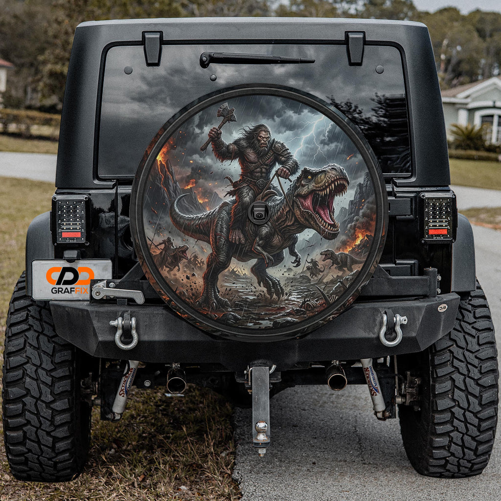 a large, detailed graphic of a dinosaur riding a motorcycle on a road.