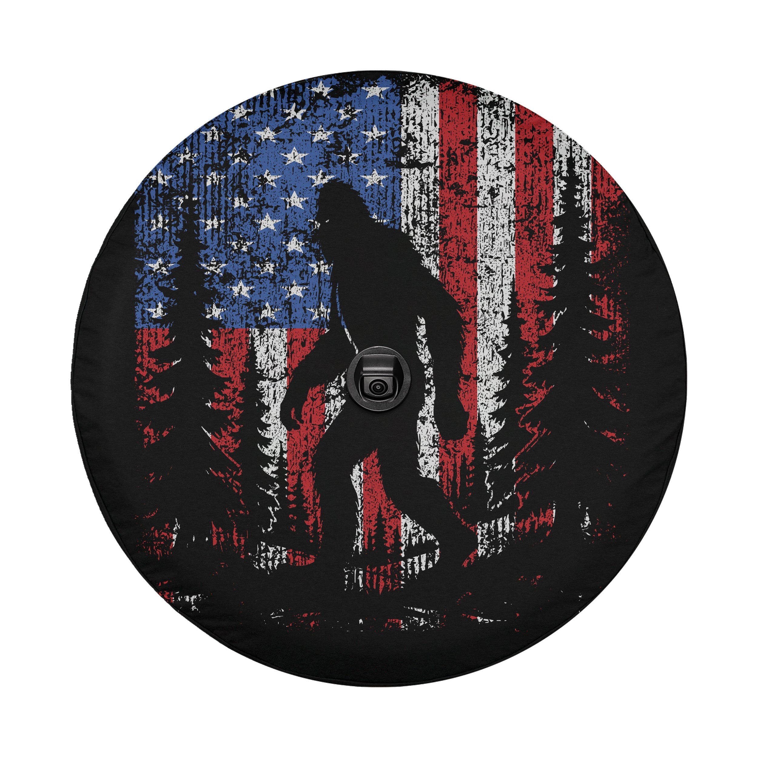 Black Jeep displaying Bigfoot Across America spare tire cover with patriotic sasquatch design