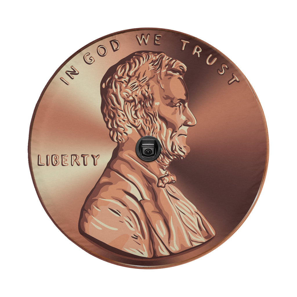 Giant American penny spare tire cover on red Bronco rear with realistic copper penny print
