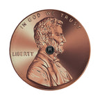 Giant American penny spare tire cover on red Bronco rear with realistic copper penny print