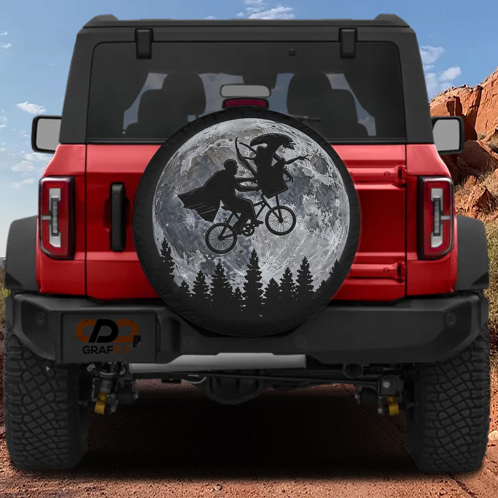a red Jeep Wrangler with a large tire cover on the rear of the vehicle, depicting a scene from the movie "Everest".