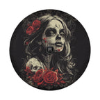 Dia de los Muertos Beauty spare tire cover flat view of sugar skull woman with rear-view cutout