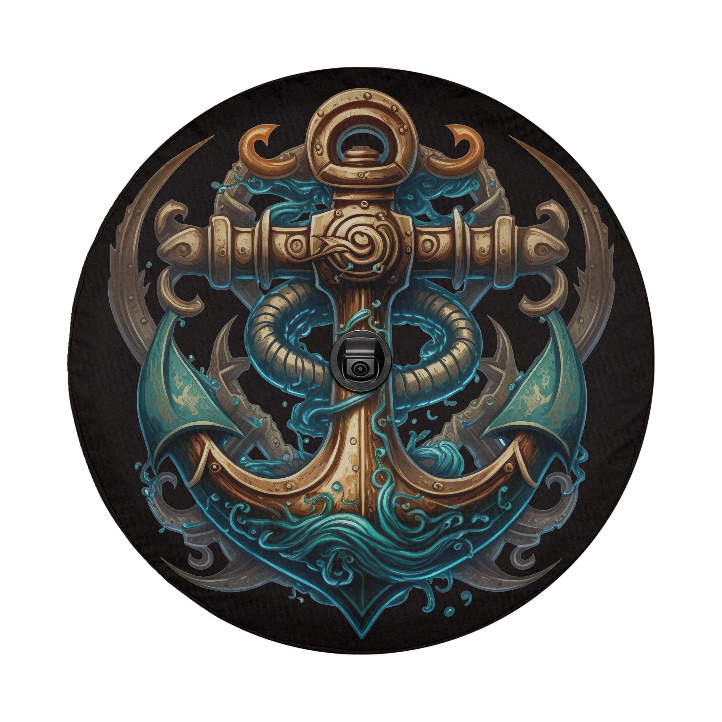 an intricate and detailed anchor design, with various elements such as waves, swirls, and other decorative elements surrounding it.