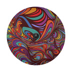 Kaleidoscope abstract dream tire cover flat round view with maroon base and bright multicolor swirls
