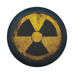 Fallout shelter radiation symbol spare tire cover on a black Jeep Wrangler with GRAFFIX rear bumper sticker