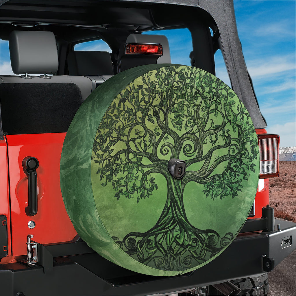 Celtic roots green tree of life spare tire cover with branching roots and ancient knotwork