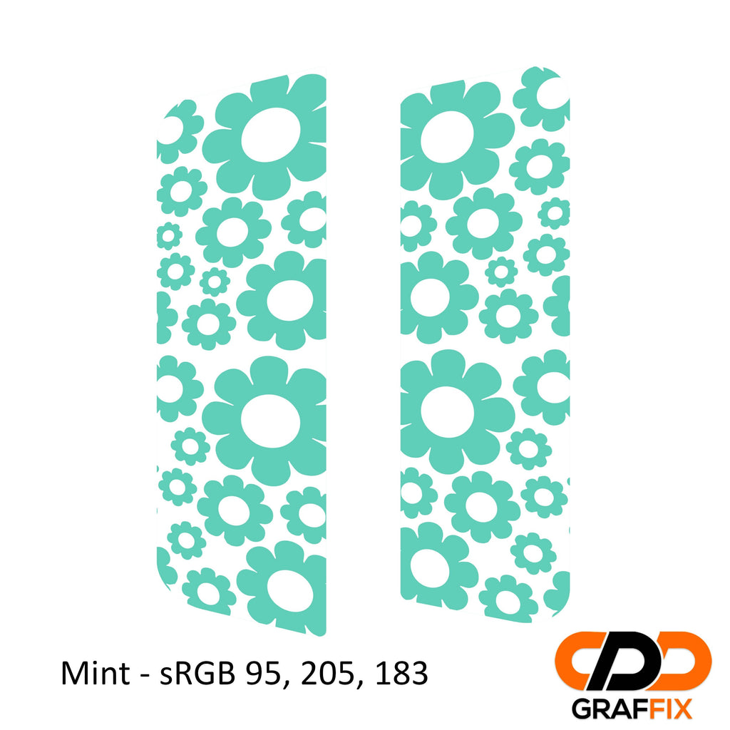 Mint daisy pattern side window decal set on Jeep Wrangler JKU 4-door 2007-2018 rear side windows