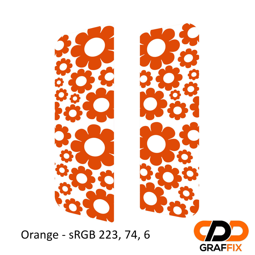 Orange daisy pattern side window decal set on Jeep Wrangler JKU 4-door 2007-2018 rear windows