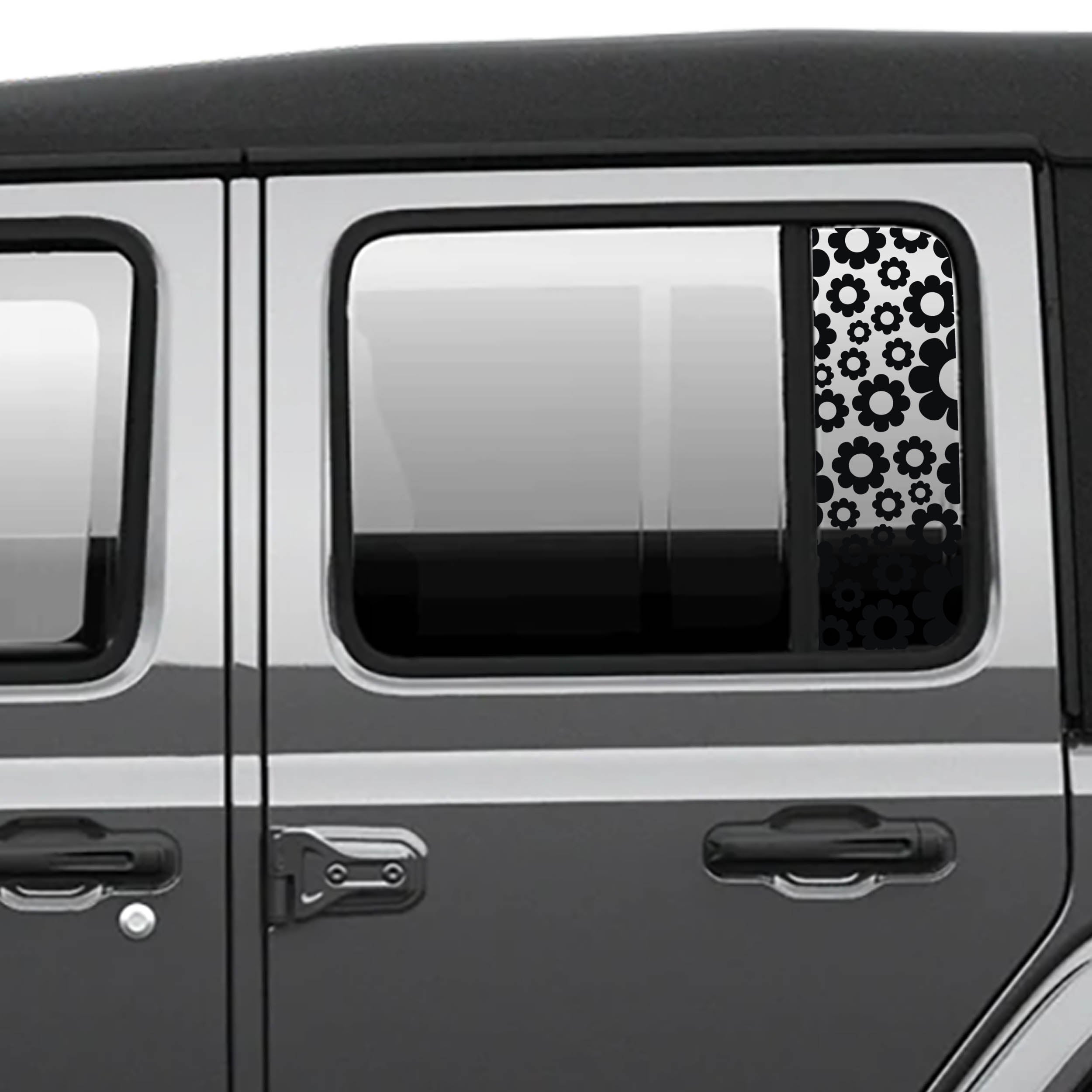 Black daisy pattern side window decal set on Jeep Wrangler JL 2018+ Gladiator JT 2020+ glass