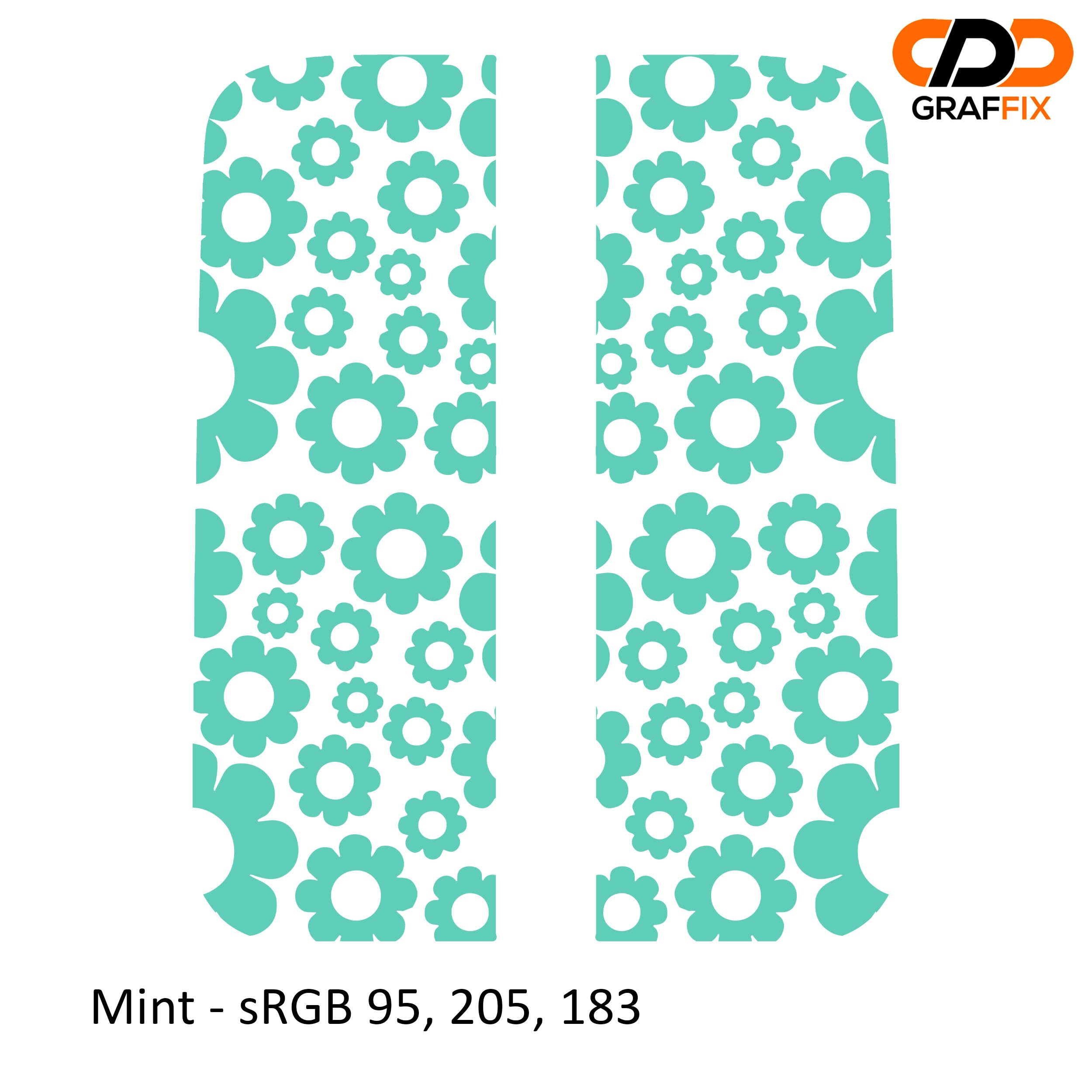 Mint green daisy pattern side window vinyl decal set installed on a white Jeep Wrangler JLU door glass