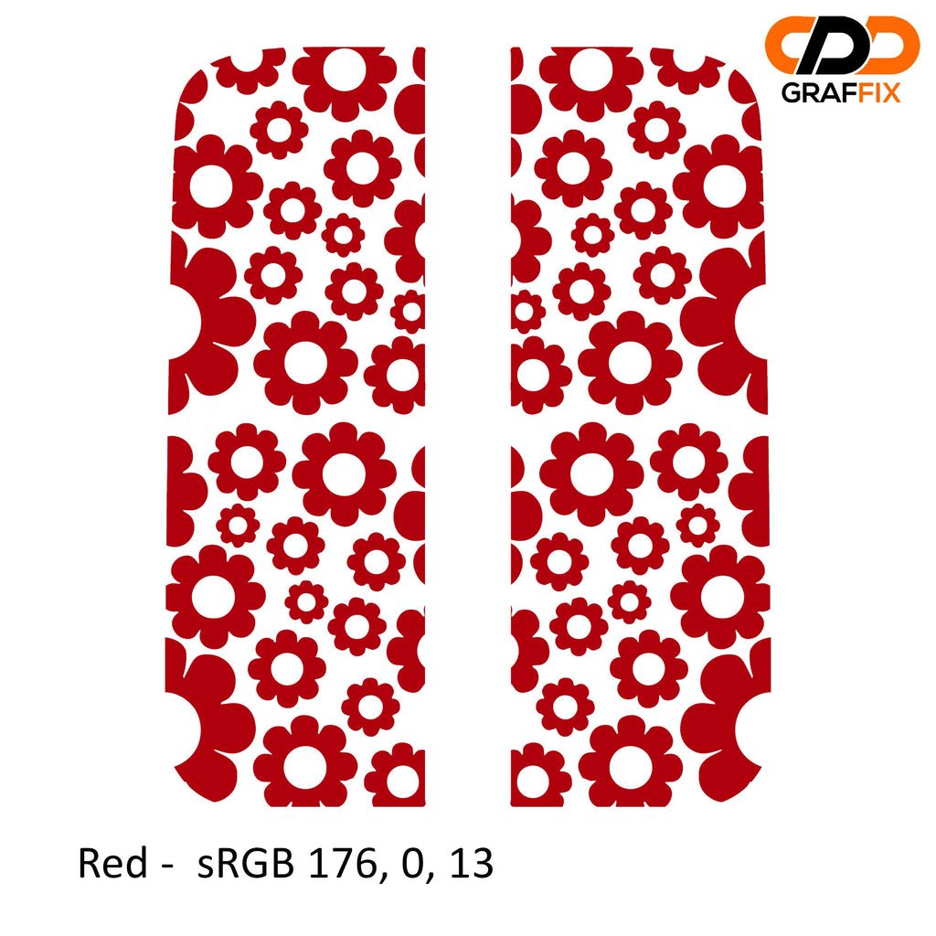Red daisy pattern side window vinyl decal set installed on a white Jeep Wrangler JLU door glass