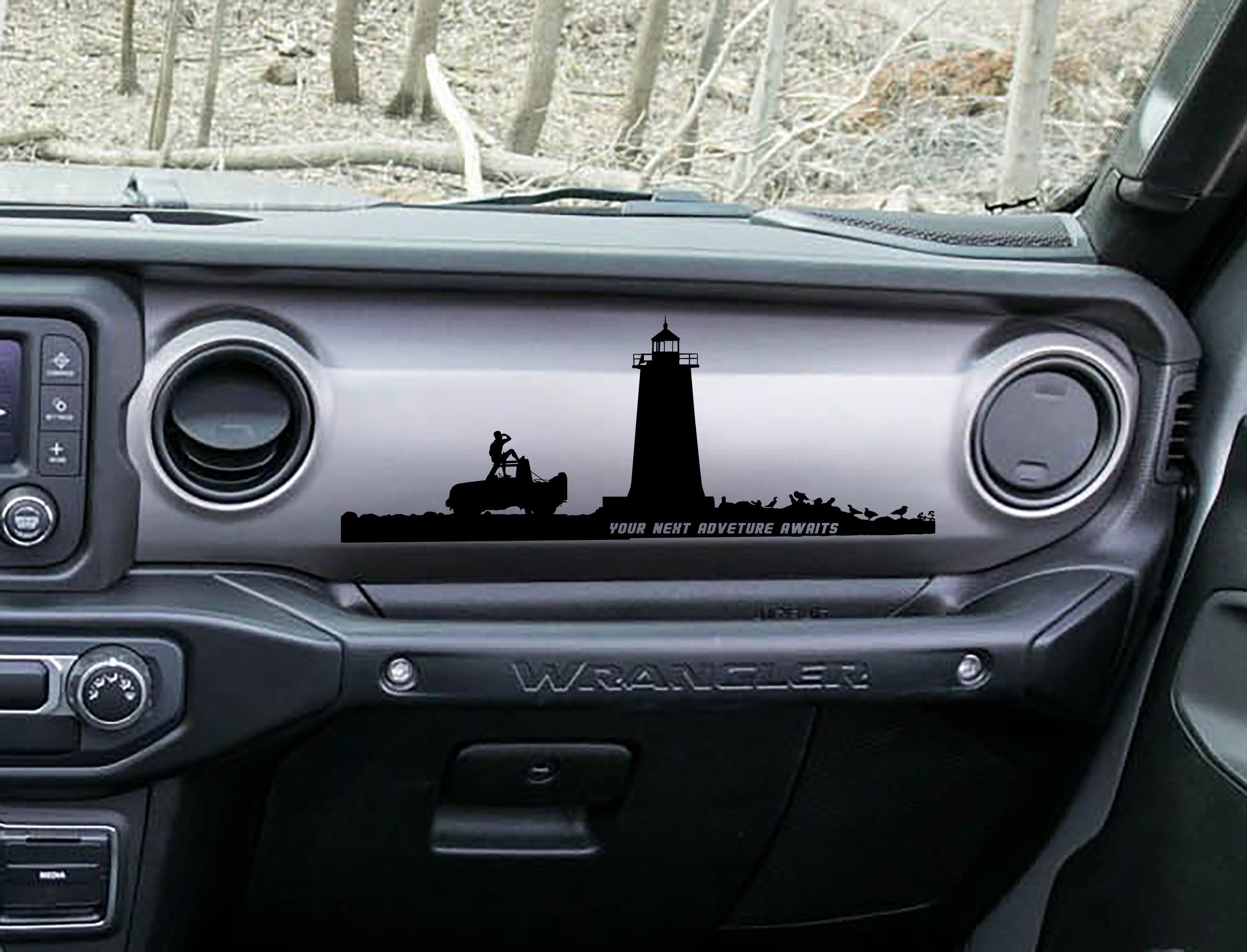 Black lighthouse adventure dashboard decal on Jeep JL Wrangler, lighthouse Jeep and rider art