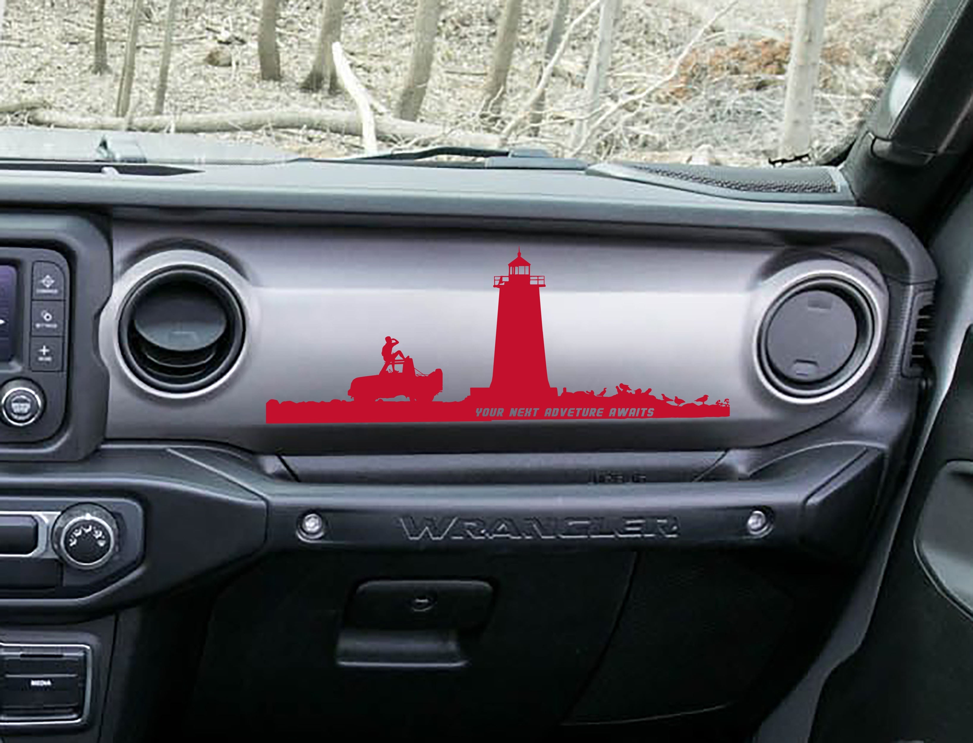 Red lighthouse adventure dashboard decal on Jeep JL Wrangler, lighthouse Jeep and rider artwork