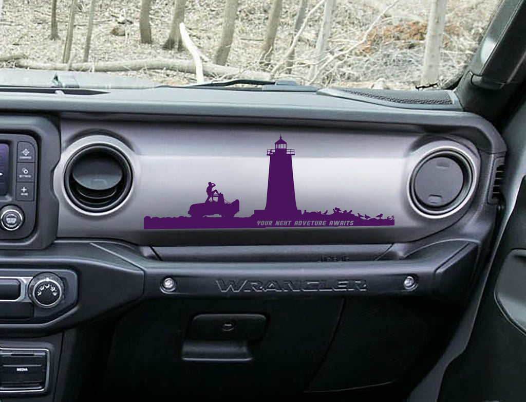 Violet lighthouse adventure dashboard decal on Jeep JL Wrangler, lighthouse Jeep rider artwork