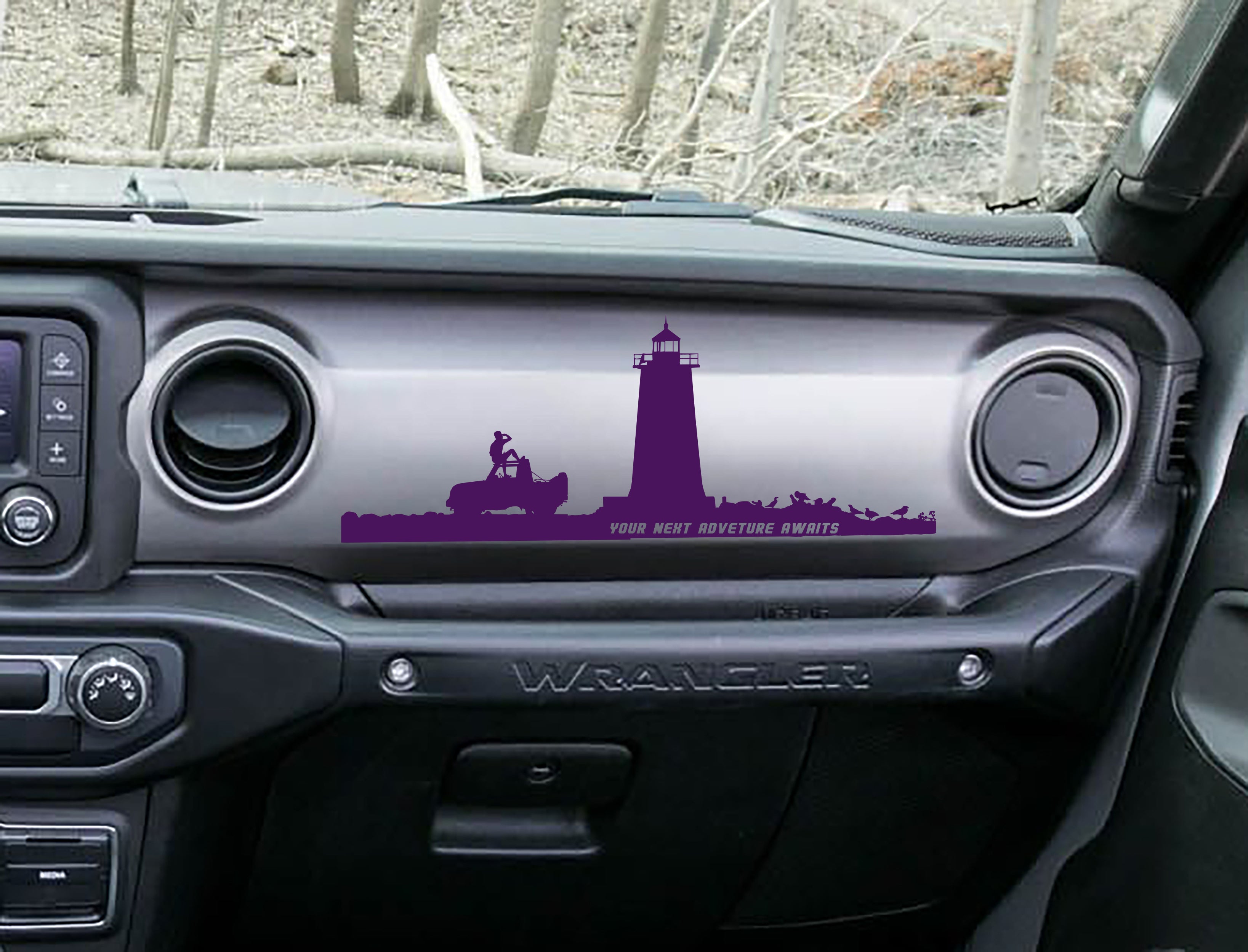 Violet lighthouse adventure dashboard decal on Jeep JL Wrangler, lighthouse Jeep rider artwork