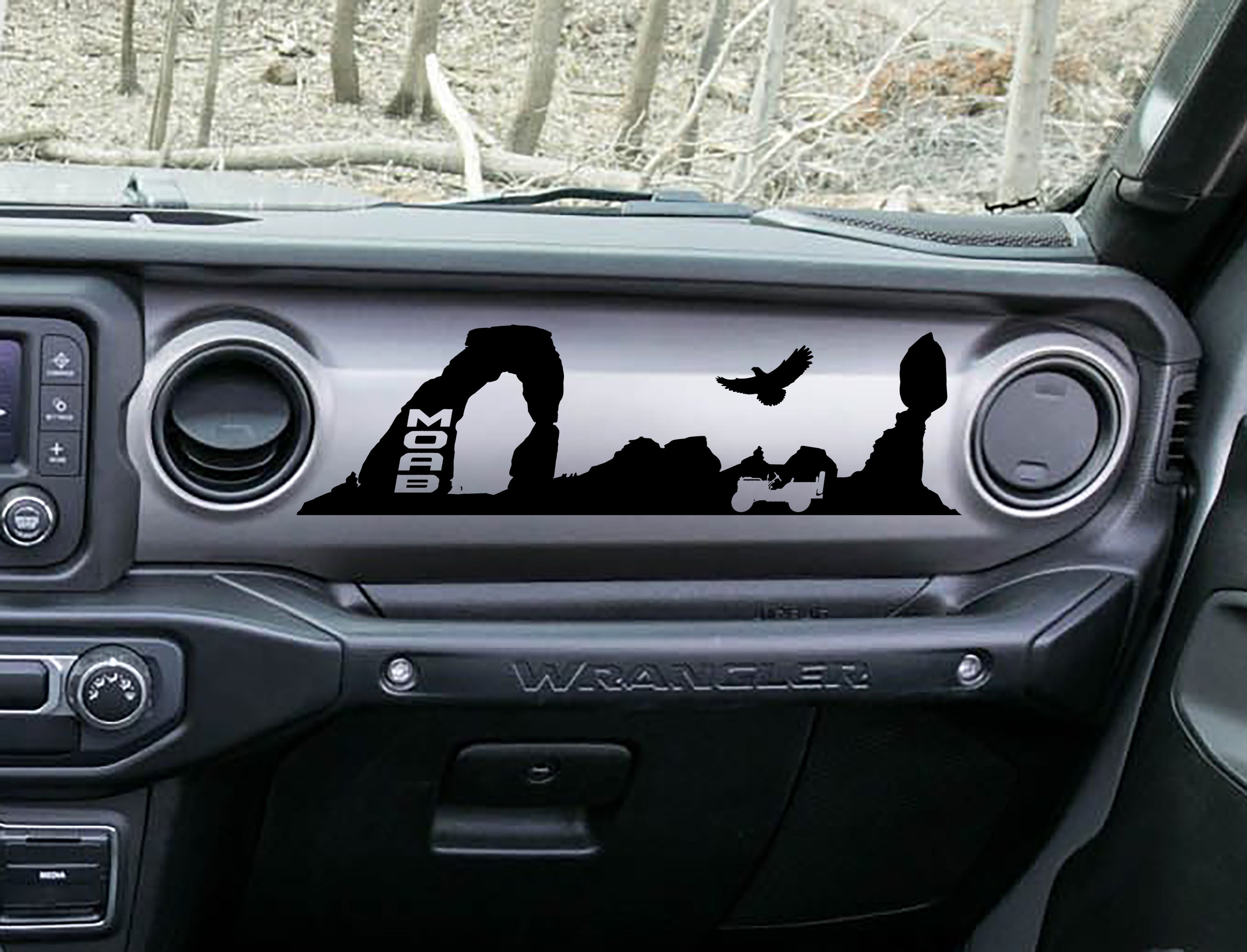 Black MOAB trail desert dashboard decal on Jeep JL Wrangler, Delicate Arch Jeep eagle silhouette