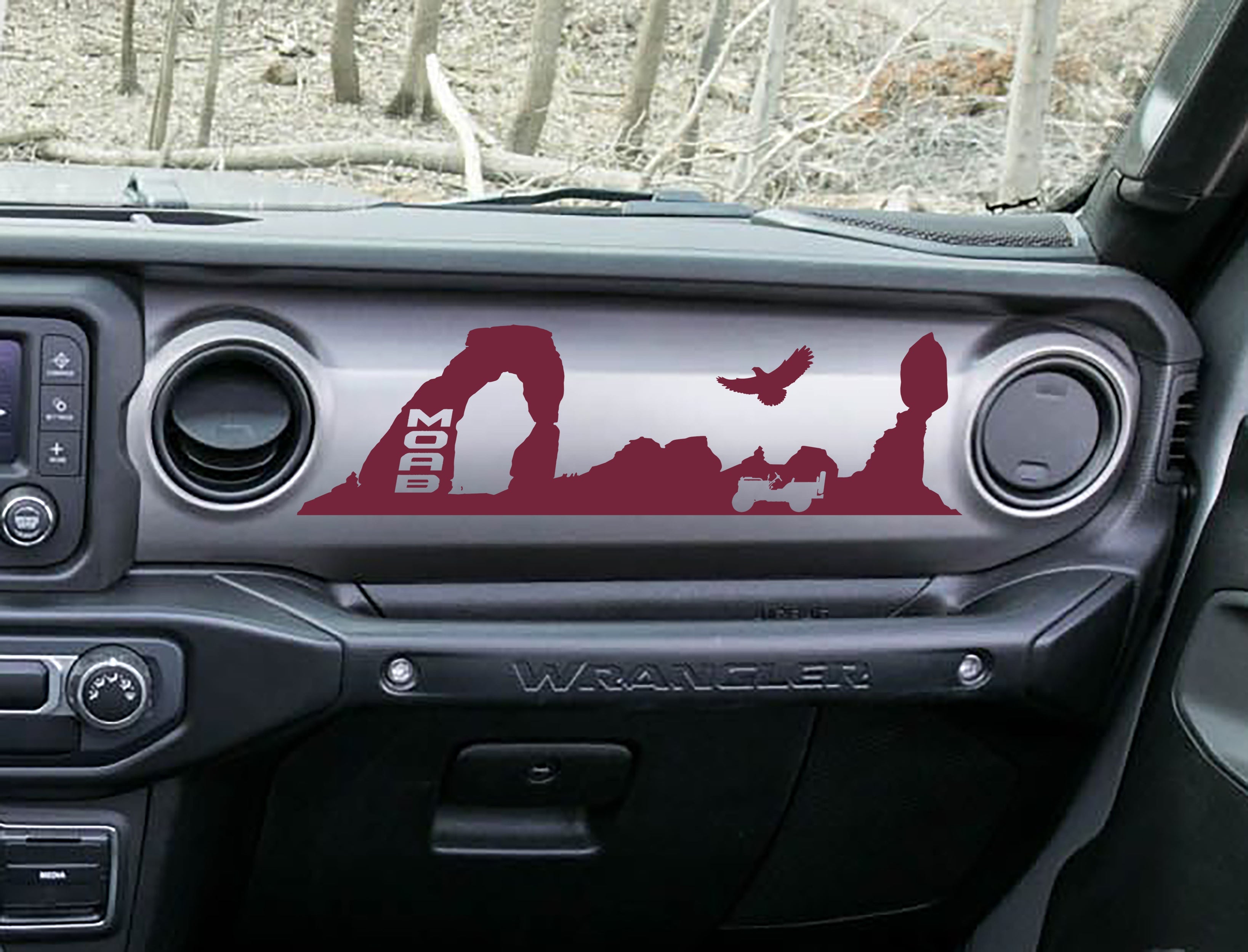 Burgundy MOAB trail desert dashboard decal on Jeep JL, Delicate Arch Jeep and eagle silhouette