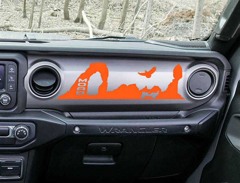 Orange MOAB trail desert dashboard decal on Jeep JL, Delicate Arch Jeep and eagle silhouette art