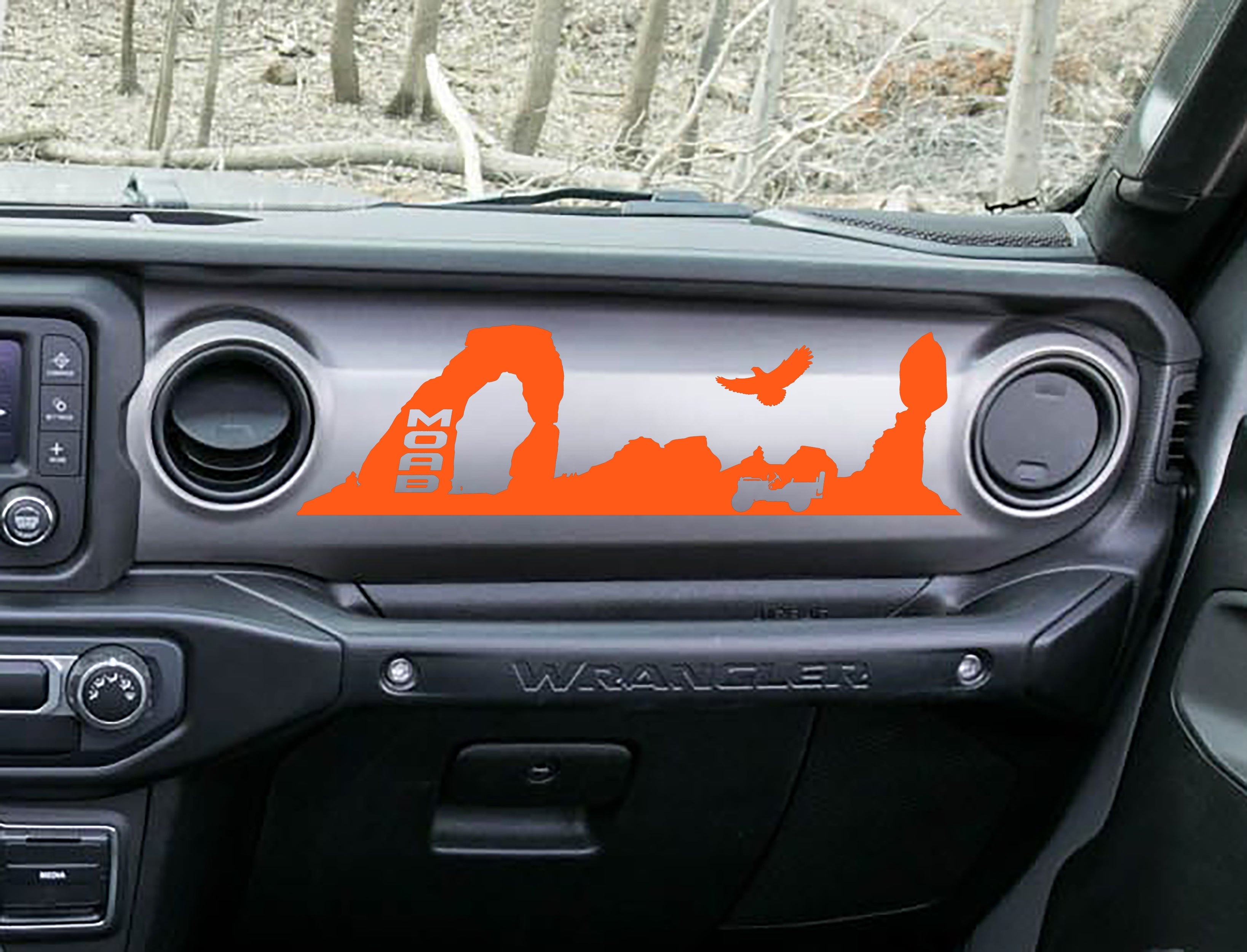 Orange MOAB trail desert dashboard decal on Jeep JL, Delicate Arch Jeep and eagle silhouette art