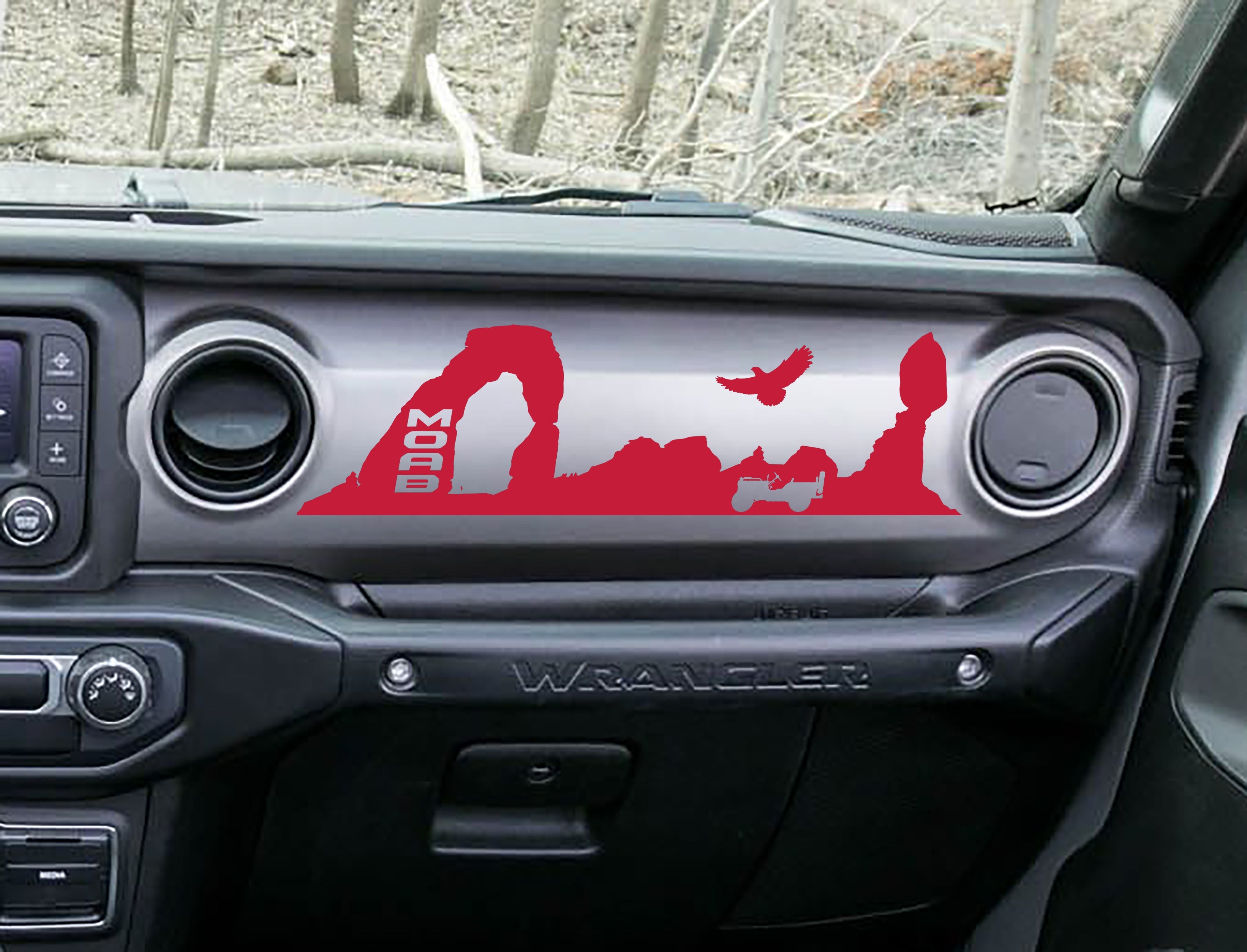 Red MOAB trail desert dashboard decal on Jeep JL, Delicate Arch Jeep and eagle silhouette art