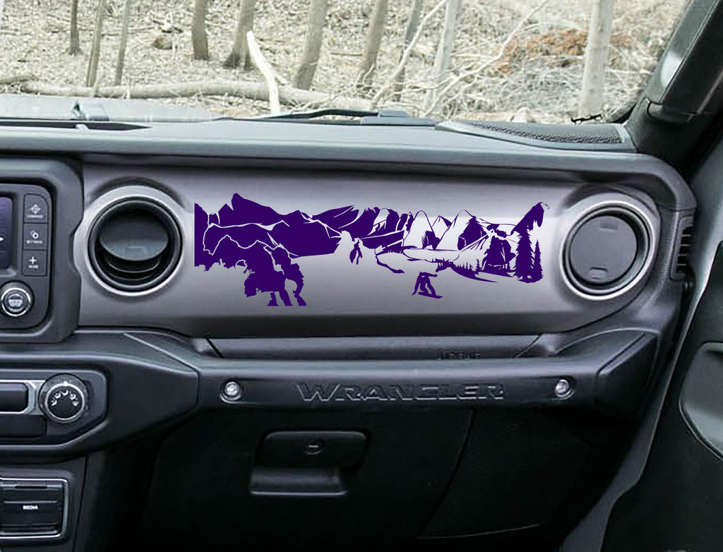 Violet snowboarder mountain dashboard decal on Jeep JL Wrangler, snowboarder peaks pines artwork