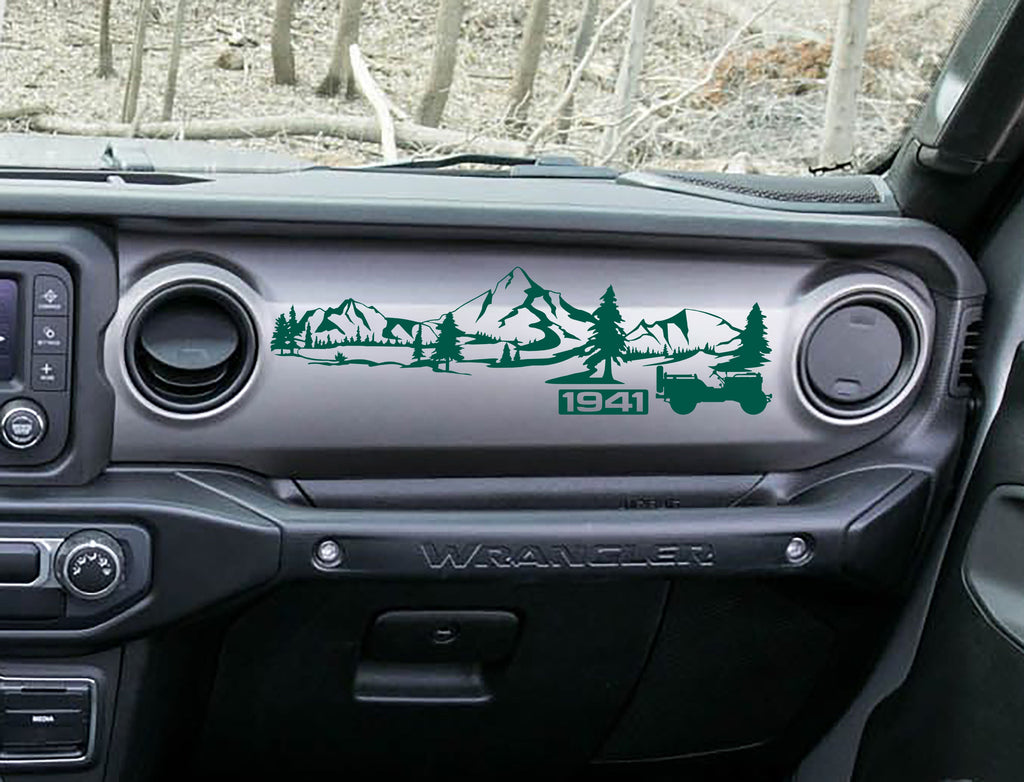 Forest green 1941 Willys mountain dashboard decal on Jeep JL, peaks pines and Willys artwork