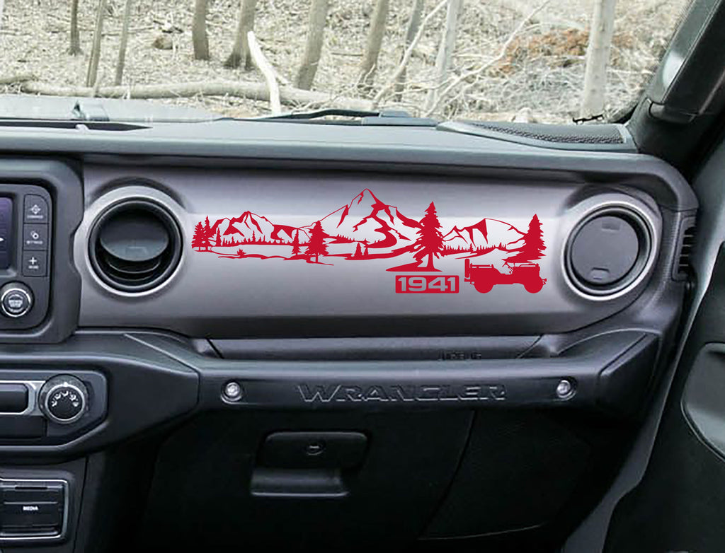 Red 1941 Willys mountain dashboard decal on Jeep JL, mountains pines and Willys silhouette art
