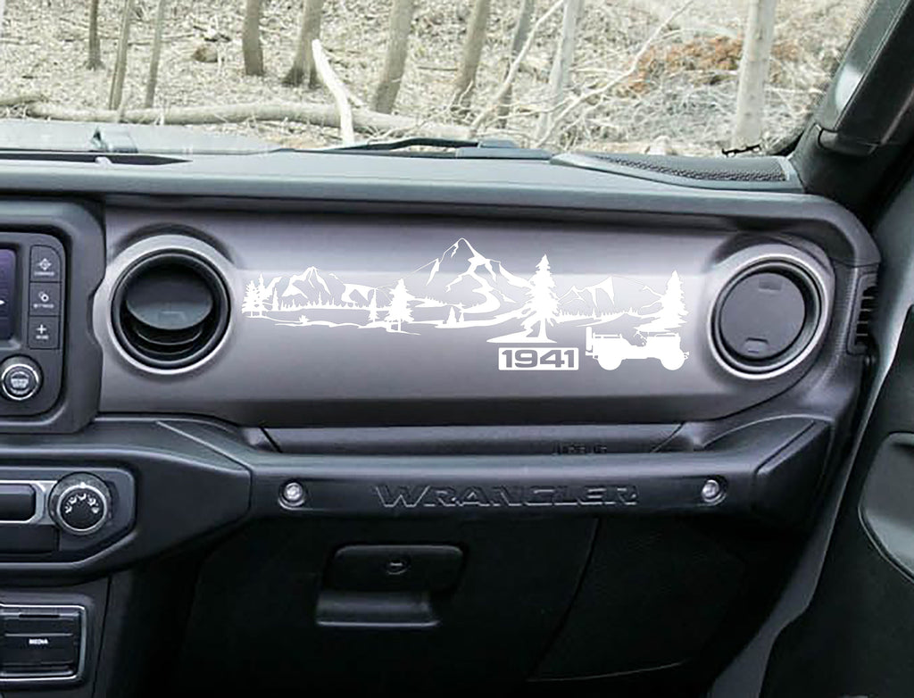 White 1941 Willys mountain dashboard decal on Jeep JL, mountains pines and Willys silhouette