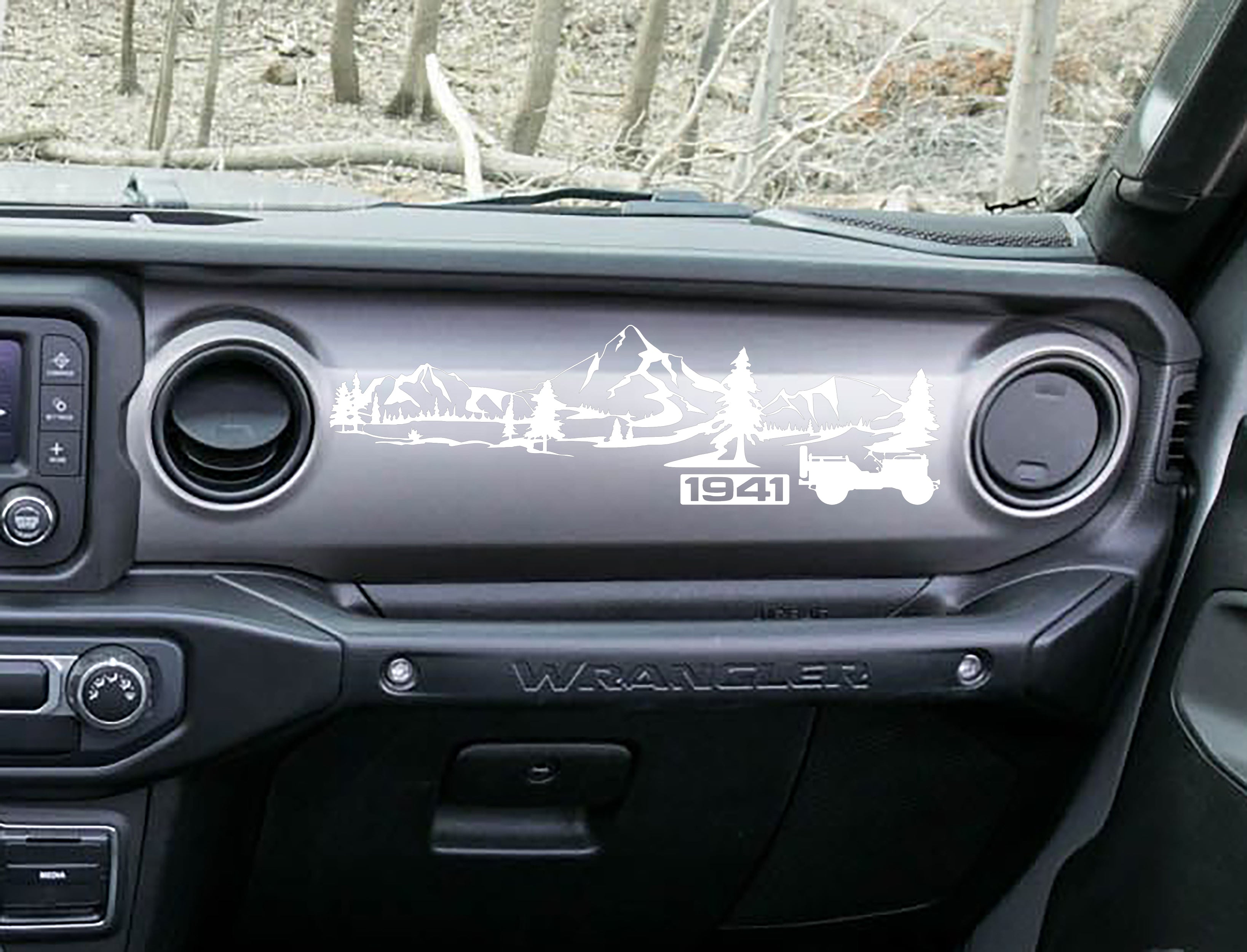 White 1941 Willys mountain dashboard decal on Jeep JL, mountains pines and Willys silhouette