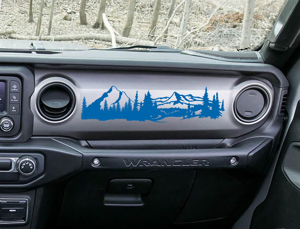 Azure blue mountain scene v1 dashboard decal on Jeep JL Wrangler, peaks pines and stream art