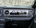 Black mountain scene v1 dashboard decal on Jeep JL Wrangler, peaks pines and stream silhouette
