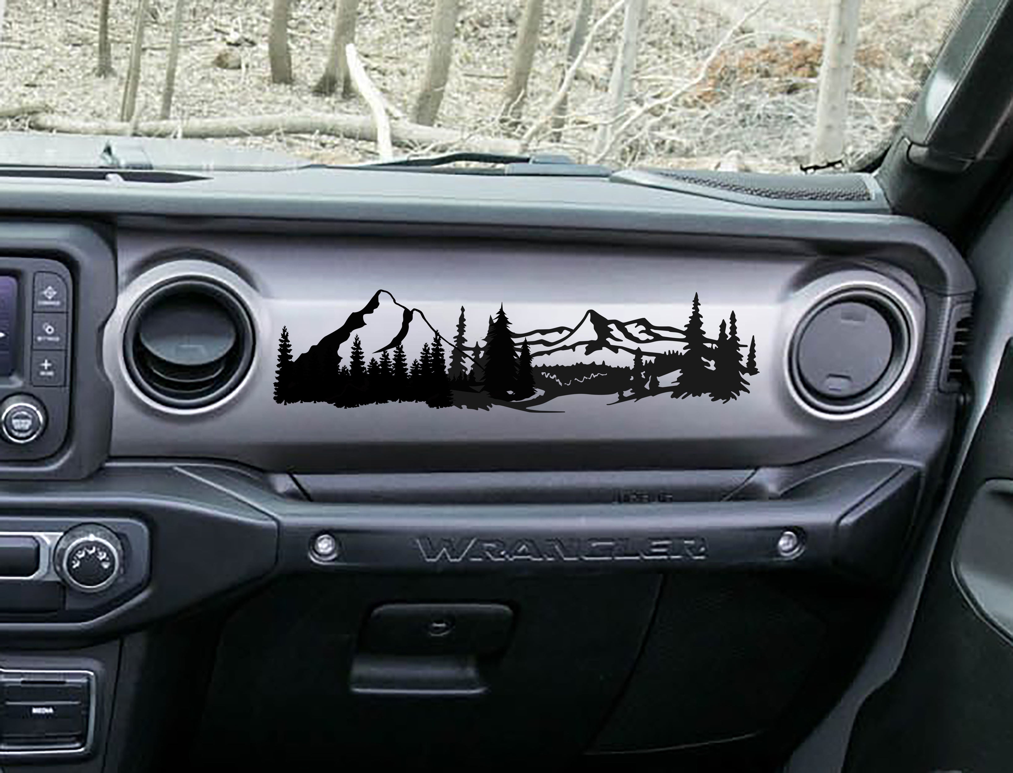 Black mountain scene v1 dashboard decal on Jeep JL Wrangler, peaks pines and stream silhouette