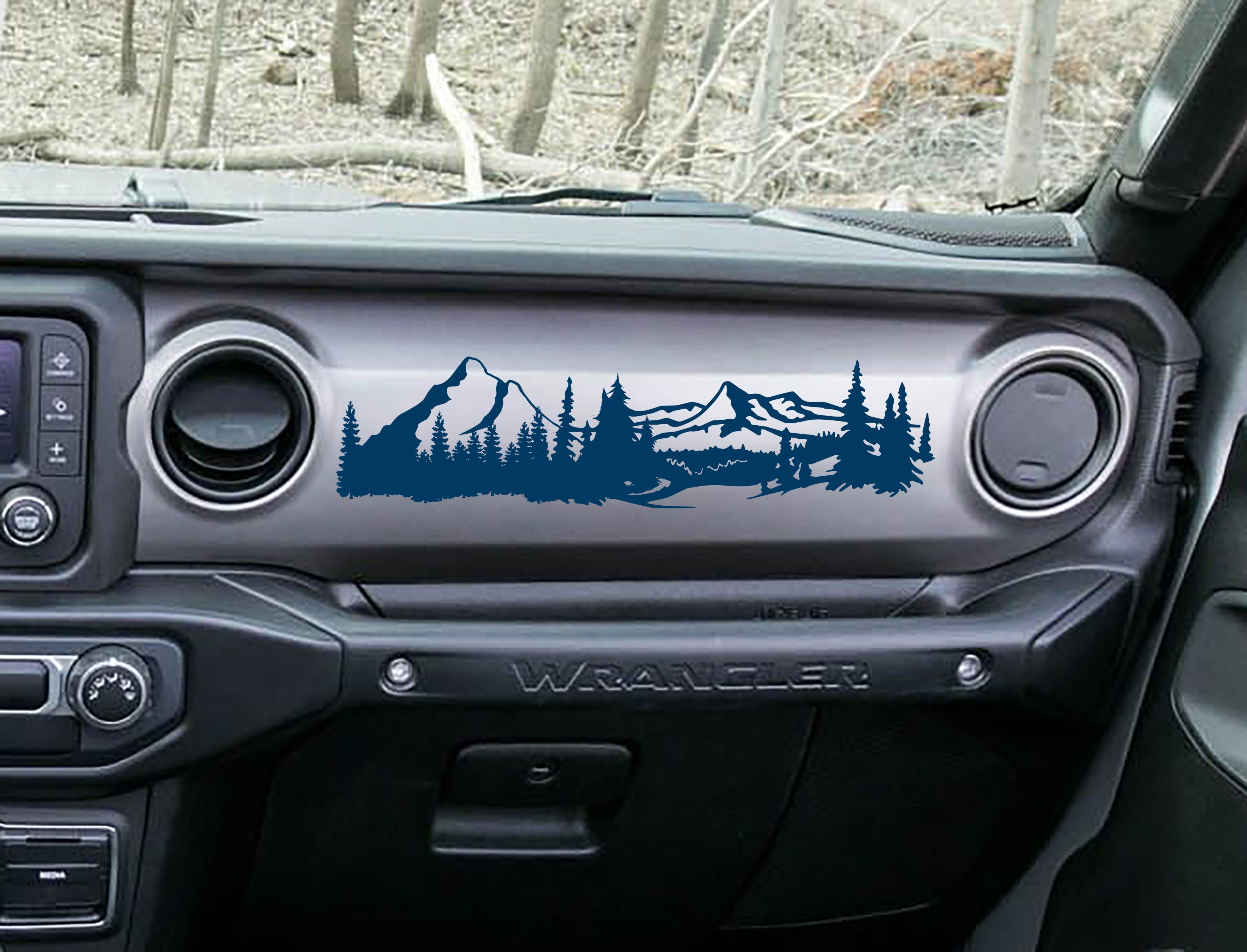 Navy blue mountain scene v1 dashboard decal on Jeep JL Wrangler, peaks pines and stream art