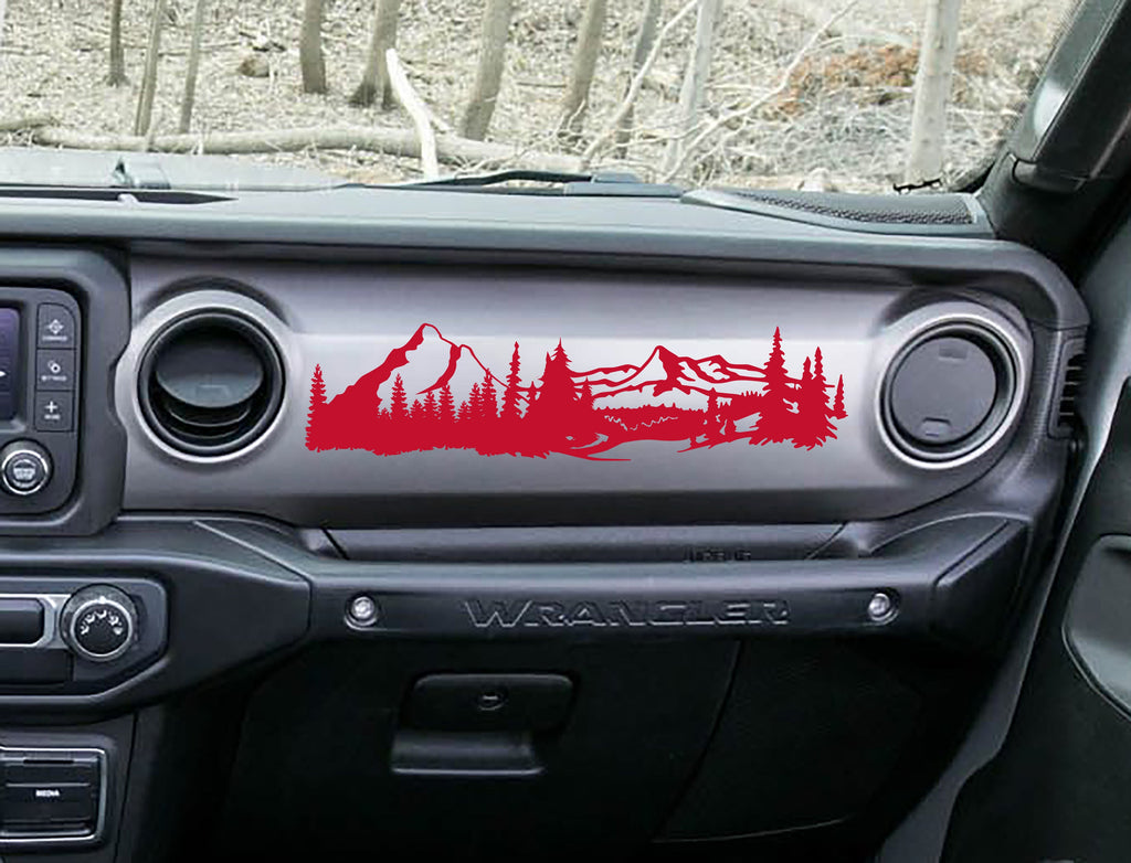 Red mountain scene v1 dashboard decal on Jeep JL Wrangler, peaks pines and stream silhouette art