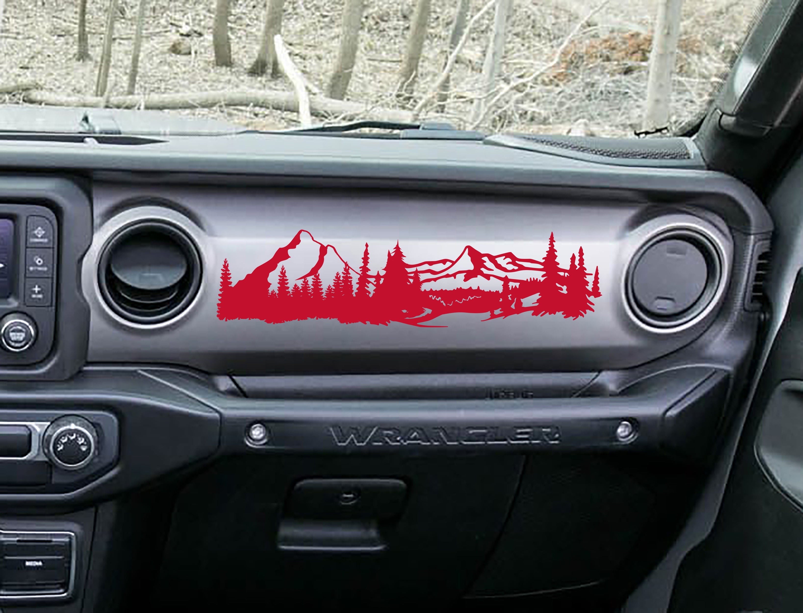 Red mountain scene v1 dashboard decal on Jeep JL Wrangler, peaks pines and stream silhouette art