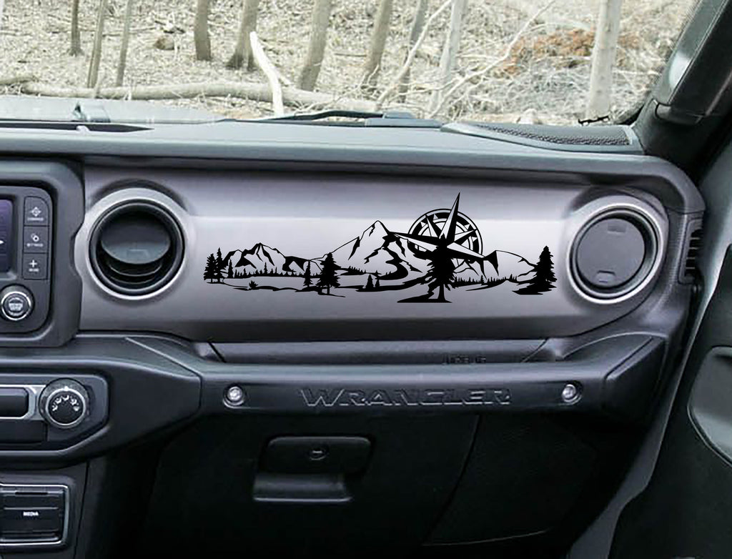 Black mountain compass scene dashboard transfer on grey Jeep Wrangler JL dash with pine trees and peaks