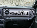 Black mountain compass scene dashboard transfer on grey Jeep Wrangler JL dash with pine trees and peaks