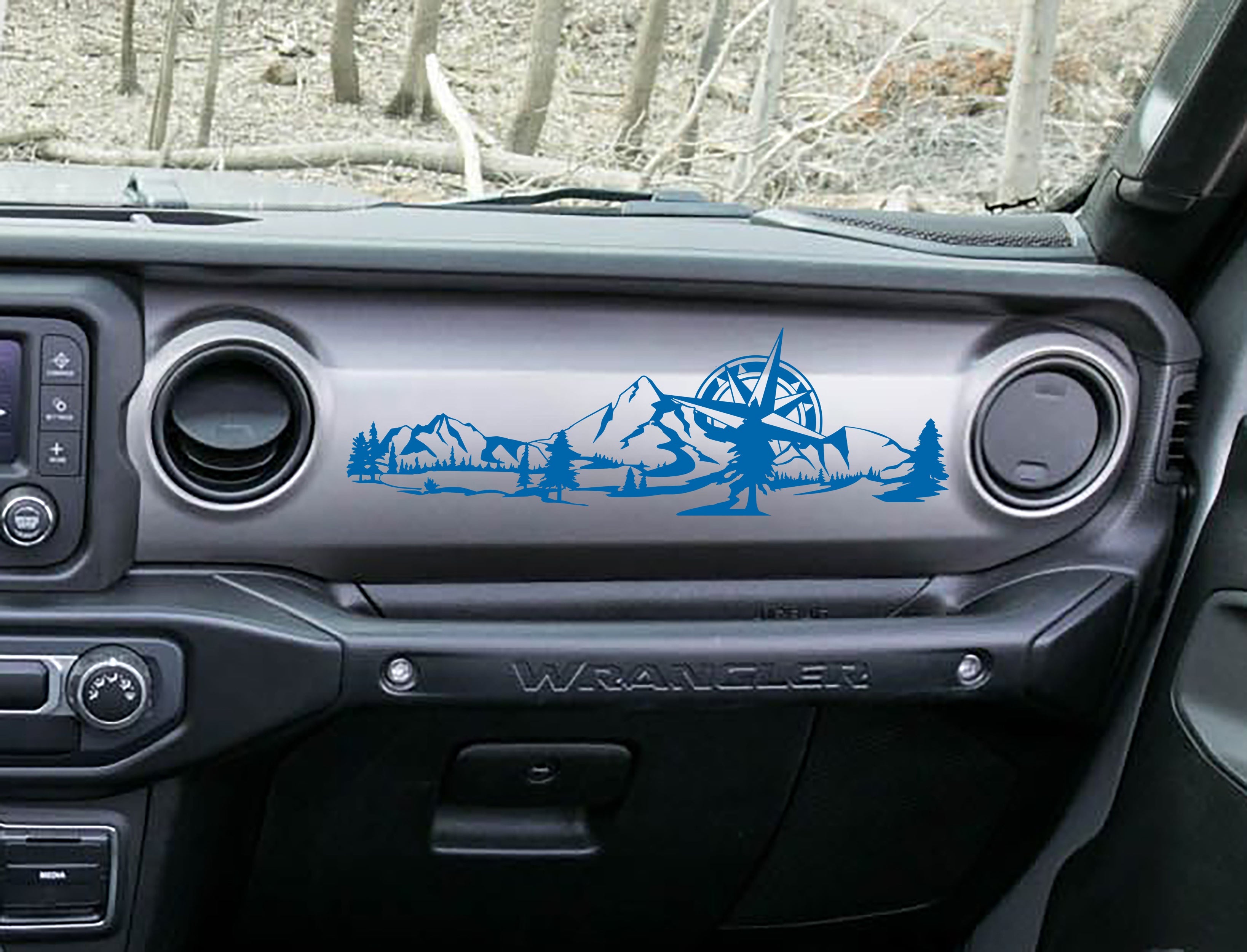 Azure blue mountain compass dashboard transfer on grey Jeep Wrangler JL dash with pines and peaks