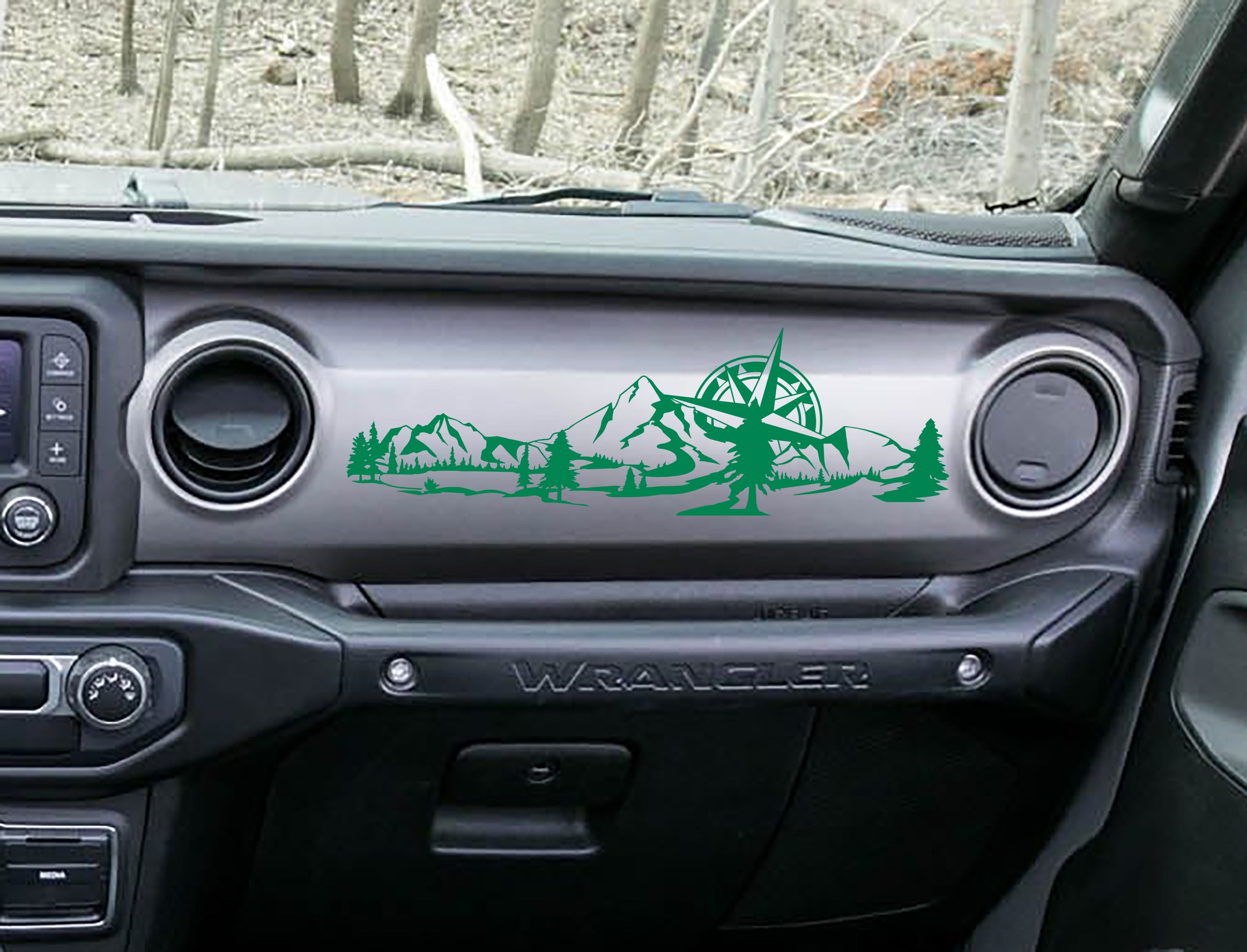 Grey mountain compass scene dashboard transfer on grey Jeep Wrangler JL dash with pine trees and peaks