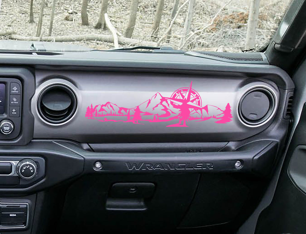 Pink mountain compass scene dashboard transfer on grey Jeep Wrangler JL dash with pine trees and peaks