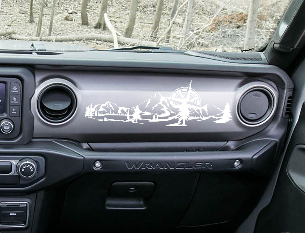 White mountain compass scene dashboard transfer on grey Jeep Wrangler JL dash with pine trees and peaks