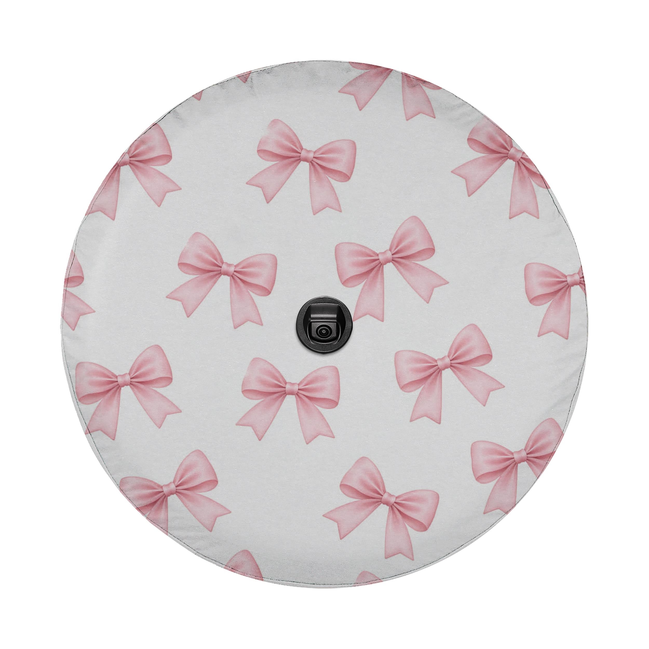 a circular object with a repeating pattern of pink bows on a white background.