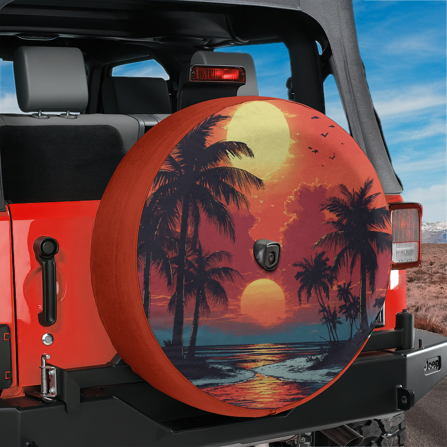 Scarlet sunset palm beach tire cover on red Jeep Wrangler with backup camera hole tropical horizon