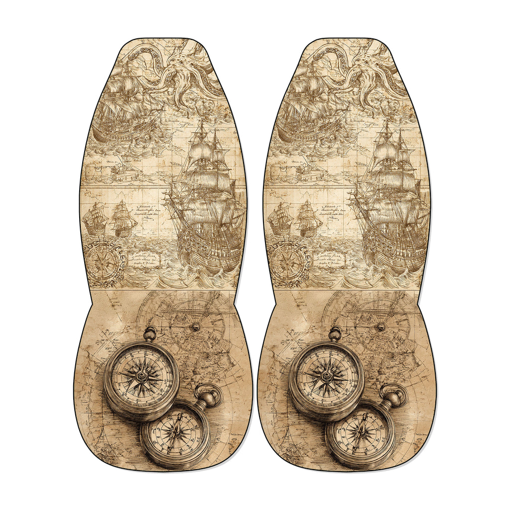 a pair of antique-style maps with intricate designs and illustrations, including ships, maps, and compass roses.
