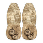 a pair of antique-style maps with intricate designs and illustrations, including ships, maps, and compass roses.