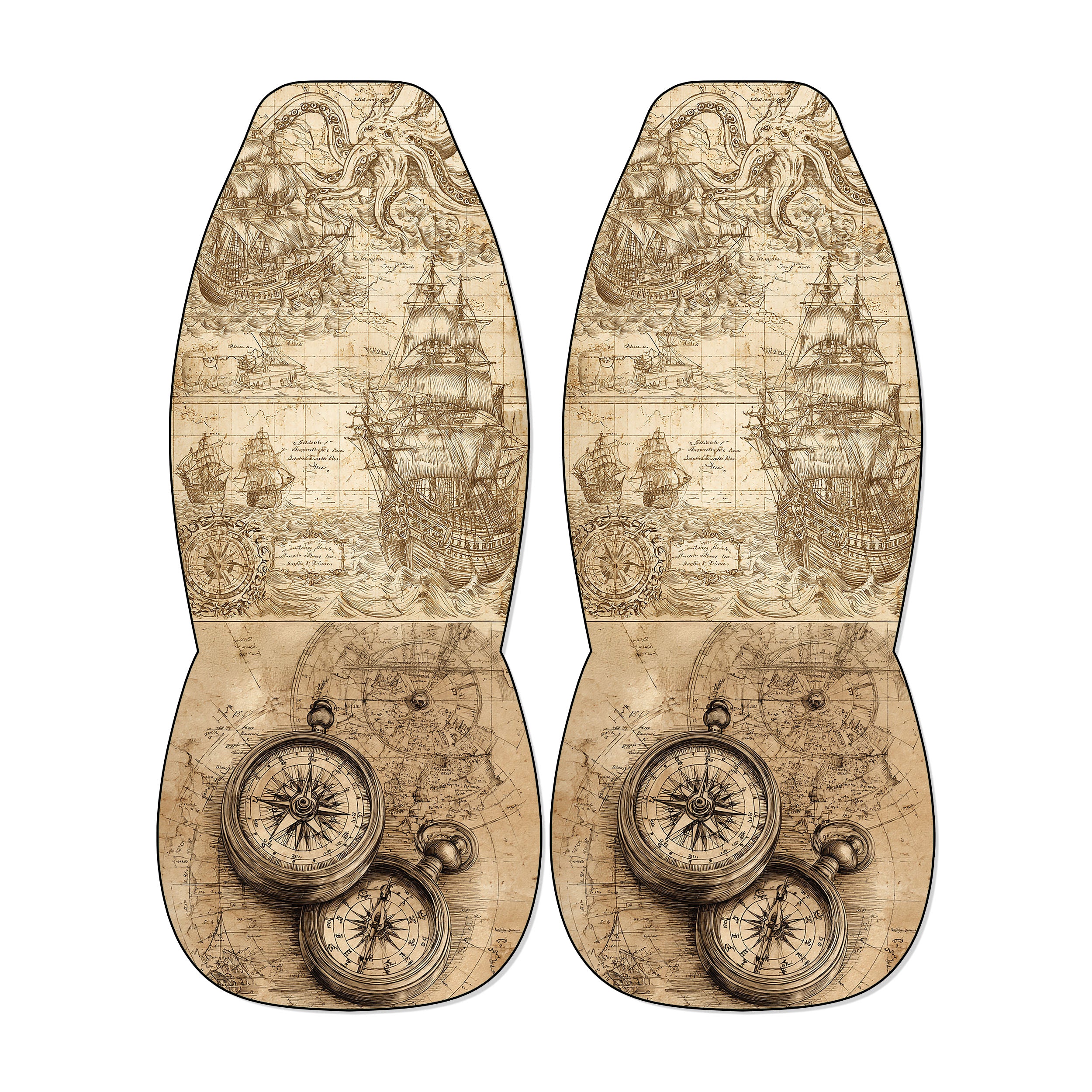 a pair of antique-style maps with intricate designs and illustrations, including ships, maps, and compass roses.